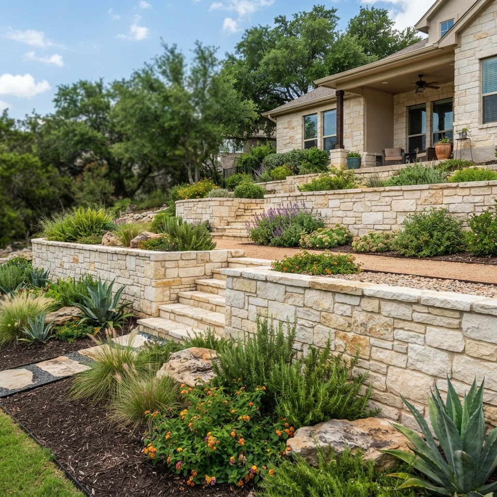 Tiered natural stone retaining wall on a sloped Austin lot